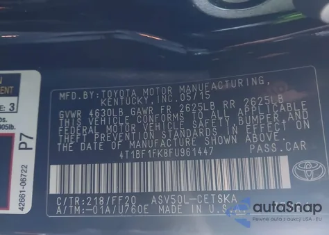 2015 Toyota Camry Se from USA, damaged, VIN 4T1BF1FK8FU961447